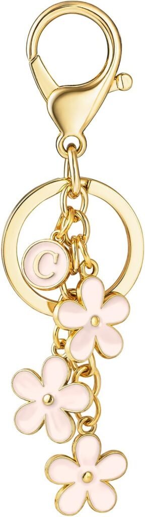 SELOVO Initial Keychain White/Pink Flower Charms for Key Cute Letter Keyring for Handbag Backpack