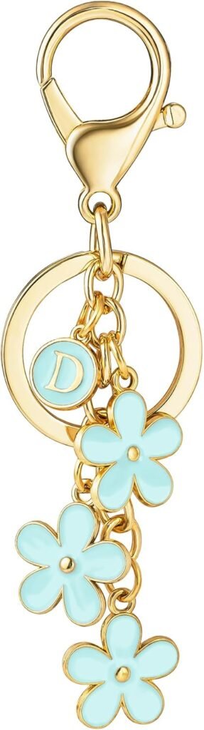 SELOVO Initial Keychain White/Pink Flower Charms for Key Cute Letter Keyring for Handbag Backpack