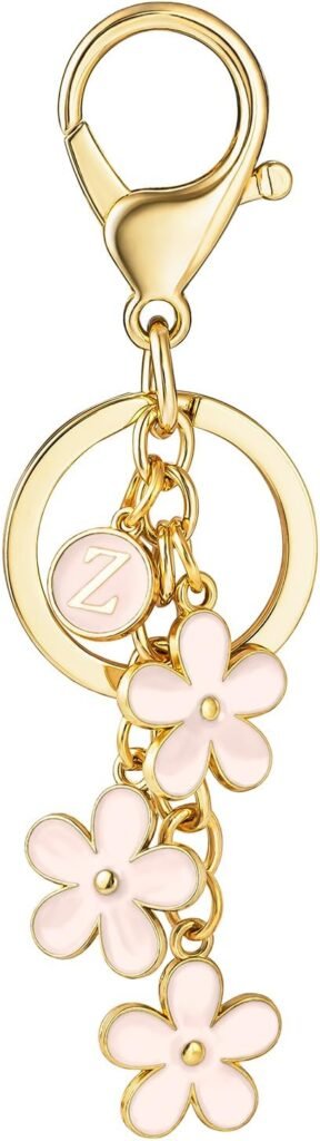 SELOVO Initial Keychain White/Pink Flower Charms for Key Cute Letter Keyring for Handbag Backpack