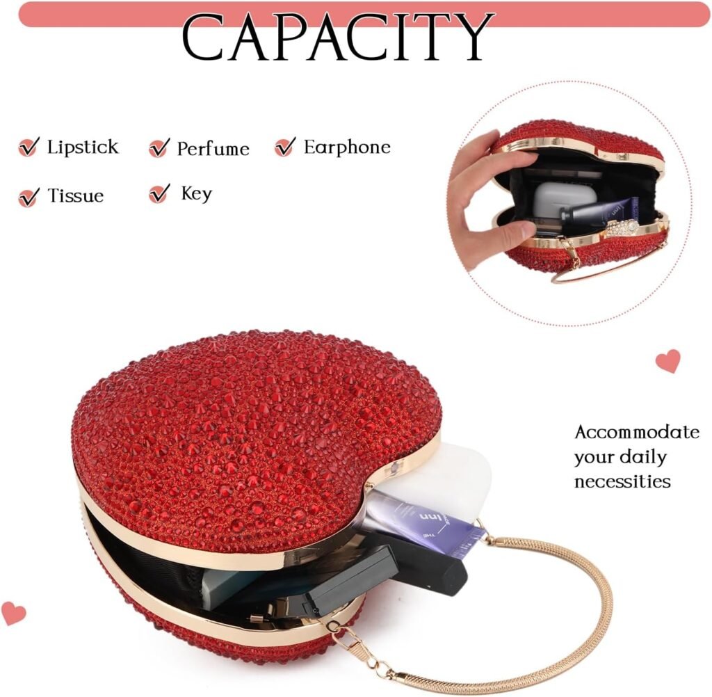 Small Heart Shaped Purse Cute Red Heart Rhinestone Evening Bag Wedding Party Clutch Cocktail Prom Tote Handbag