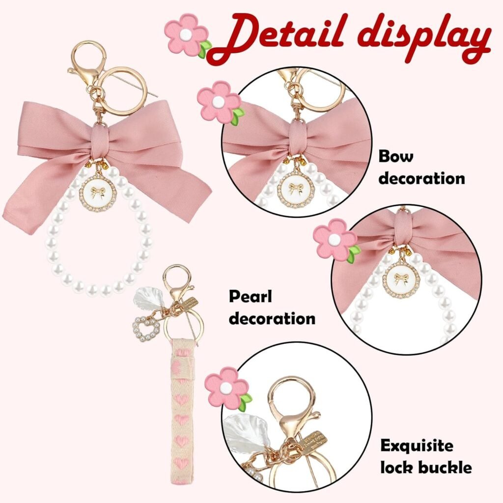 SMUOBT 2Pcs Cute Bow Keychain for Women, Pearl Key Chains for Car Keys Coquette Bow Keychain Accessories Aesthetic Bag Charms
