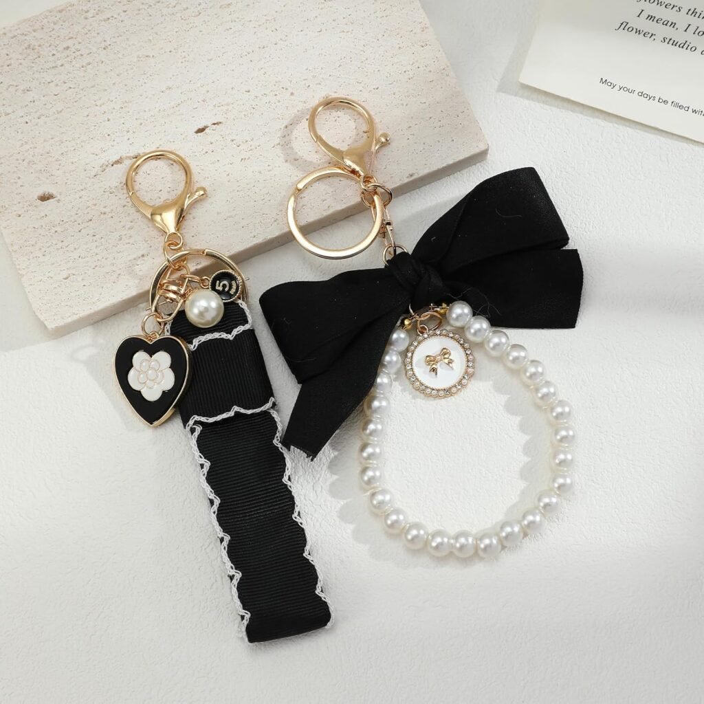 SMUOBT 2Pcs Cute Bow Keychain for Women, Pearl Key Chains for Car Keys Coquette Bow Keychain Accessories Aesthetic Bag Charms