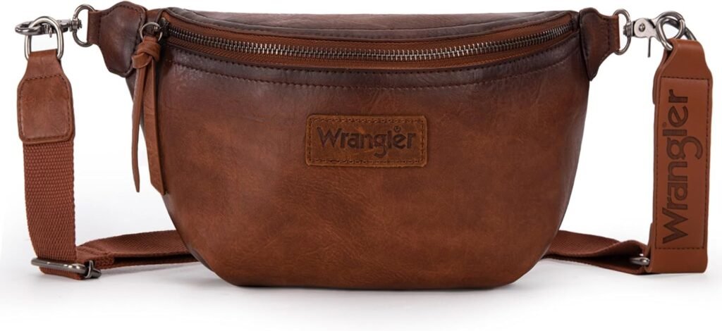 Wrangler Large Fanny Packs for Women Waist Bag Travel Belt Bags Crossbody Sling Bag Brown