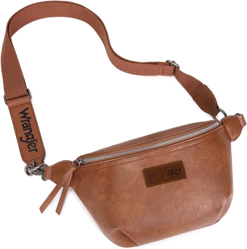 Wrangler Large Fanny Packs for Women Waist Bag Travel Belt Bags Crossbody Sling Bag Brown