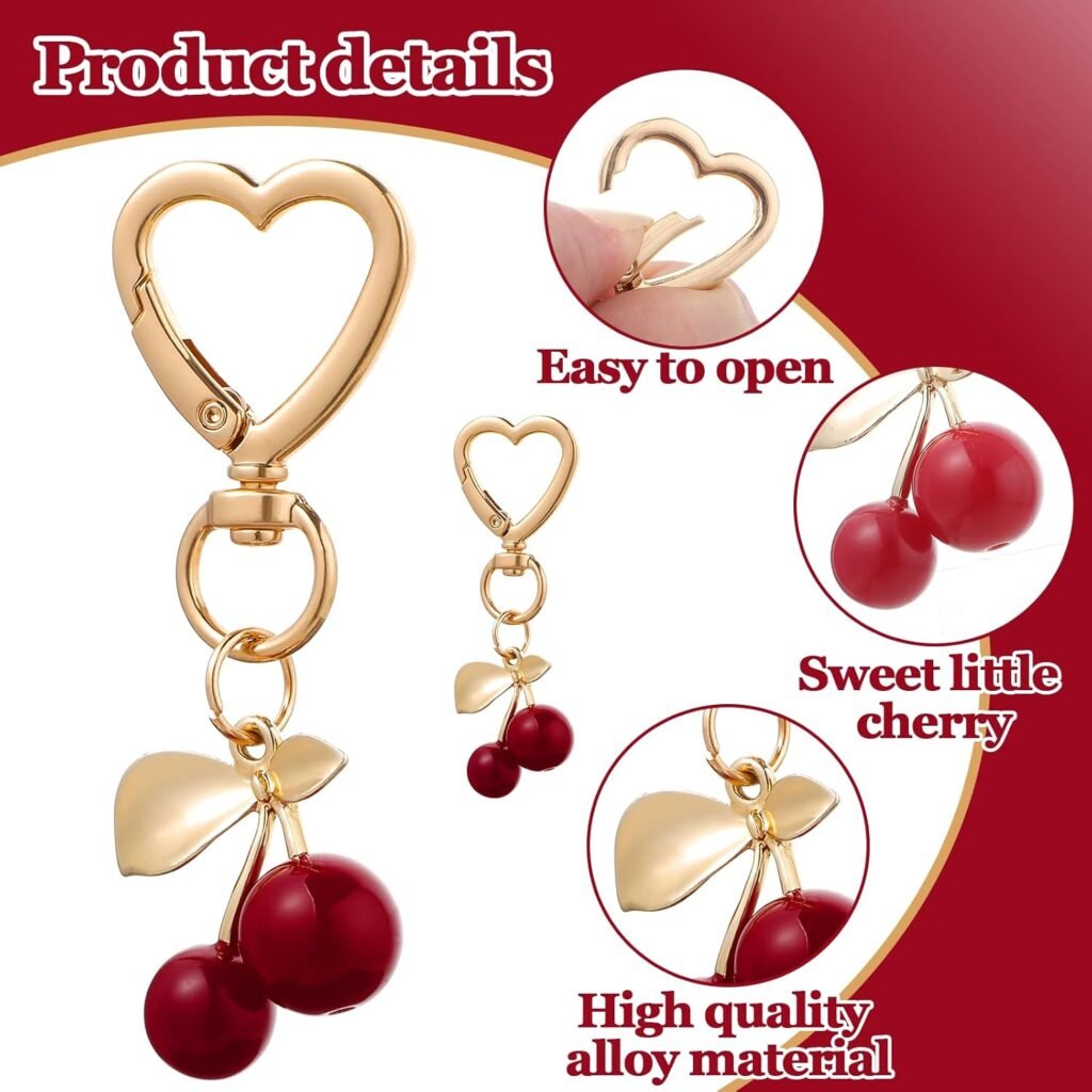2Pcs Cute Cherry Keychain, Aesthetic Cherry Bag Charm Heart Keyring Red Purse Backpack Cherry Key Chain Decor Accessory for Women Girls Gift
