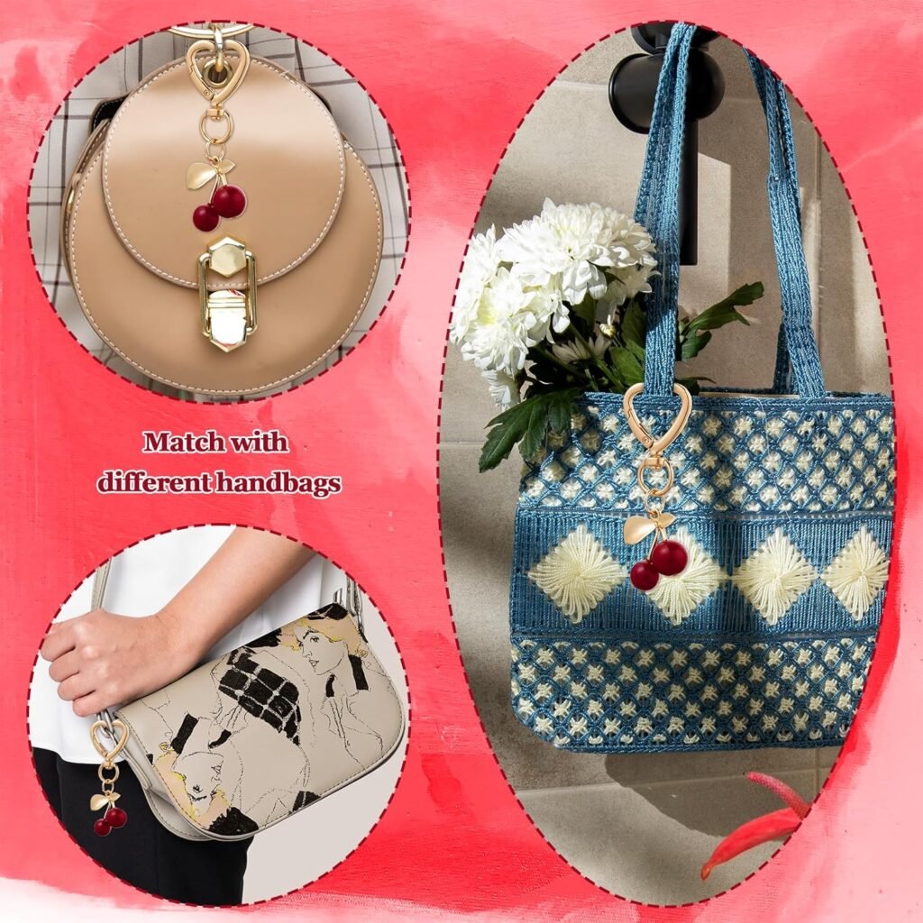 2Pcs Cute Cherry Keychain, Aesthetic Cherry Bag Charm Heart Keyring Red Purse Backpack Cherry Key Chain Decor Accessory for Women Girls Gift
