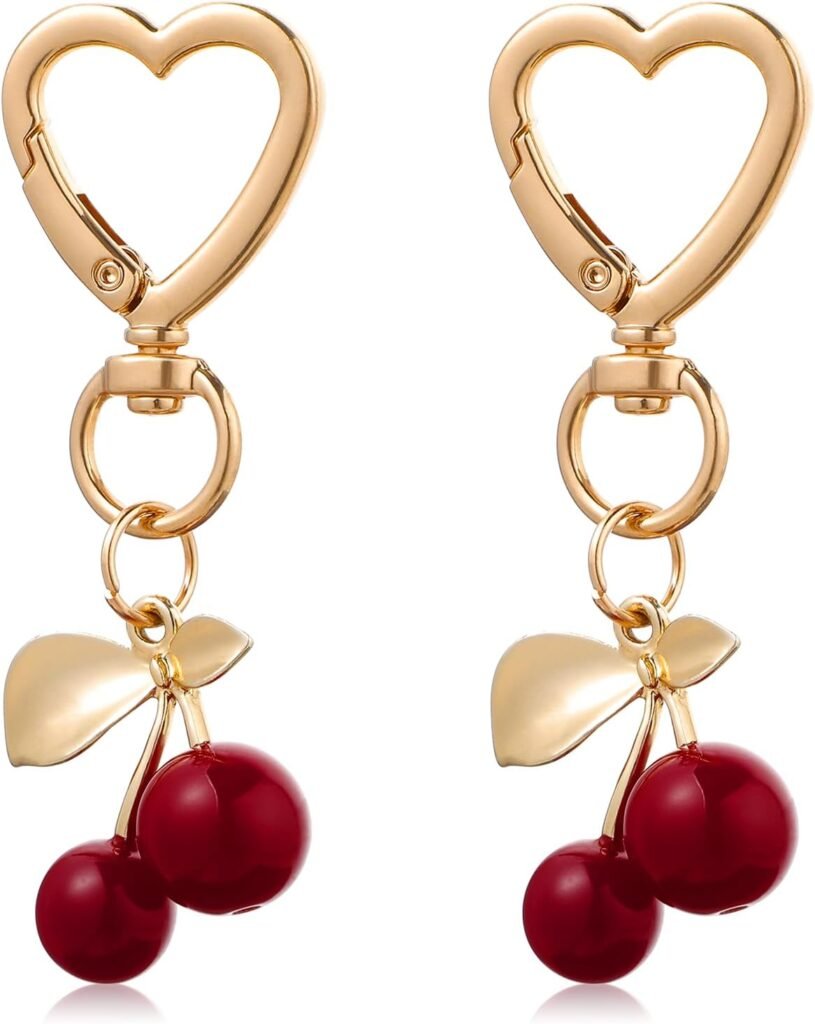 2Pcs Cute Cherry Keychain, Aesthetic Cherry Bag Charm Heart Keyring Red Purse Backpack Cherry Key Chain Decor Accessory for Women Girls Gift