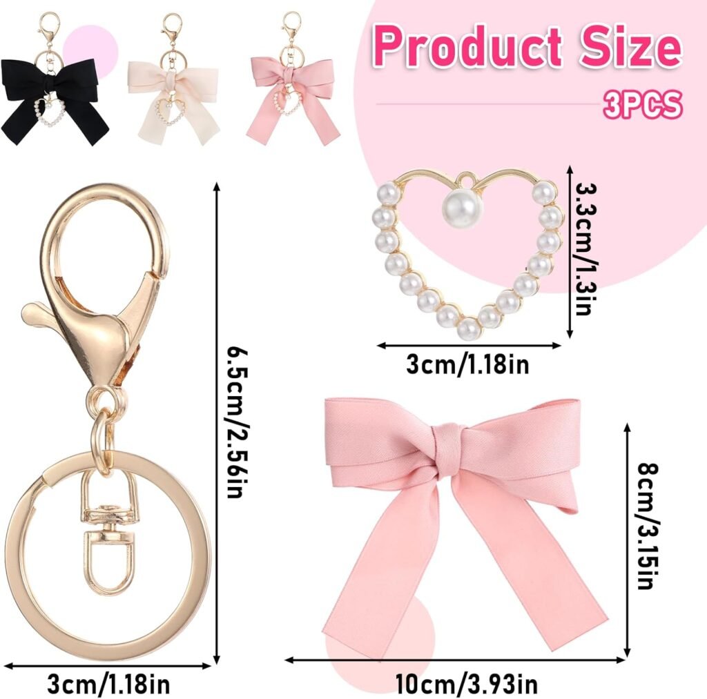 3-in-1 Pearl Bow Keychain Wristlet for Girls  Women, Pink, Black  Beige Bow Pearl Keychains, Cute Purse Charms for Car Keys  Handbags (Shape B)