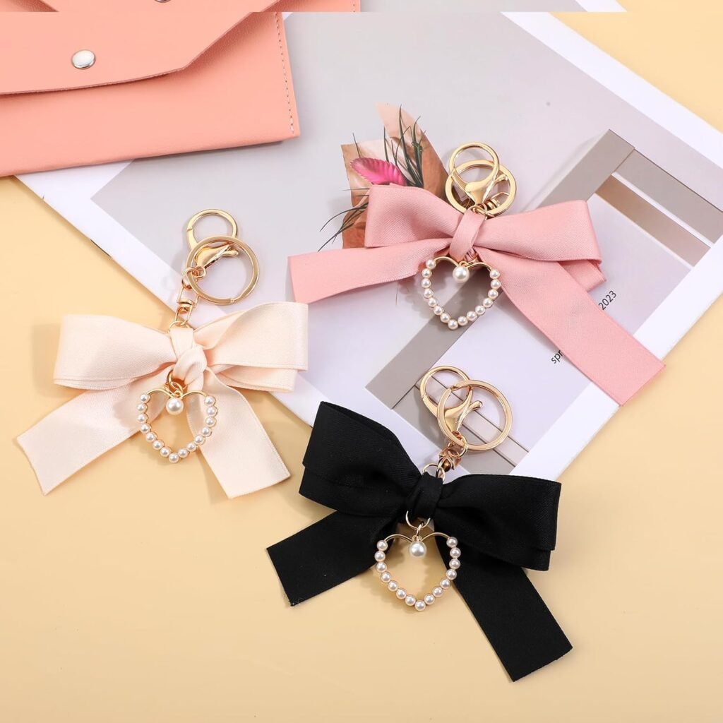 3-in-1 Pearl Bow Keychain Wristlet for Girls  Women, Pink, Black  Beige Bow Pearl Keychains, Cute Purse Charms for Car Keys  Handbags (Shape B)