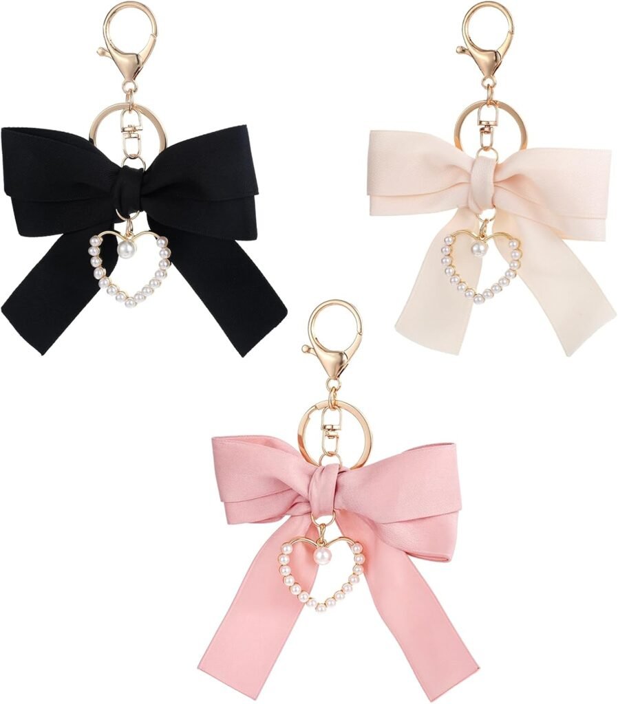 3-in-1 Pearl Bow Keychain Wristlet for Girls  Women, Pink, Black  Beige Bow Pearl Keychains, Cute Purse Charms for Car Keys  Handbags (Shape B)