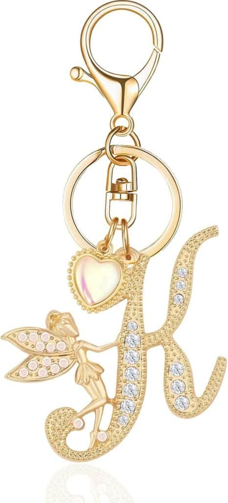 Alphabet Initial Letter Keyring Keychain for Women Girls Gold Plated Crystal Key Chains for Wallet Backpack