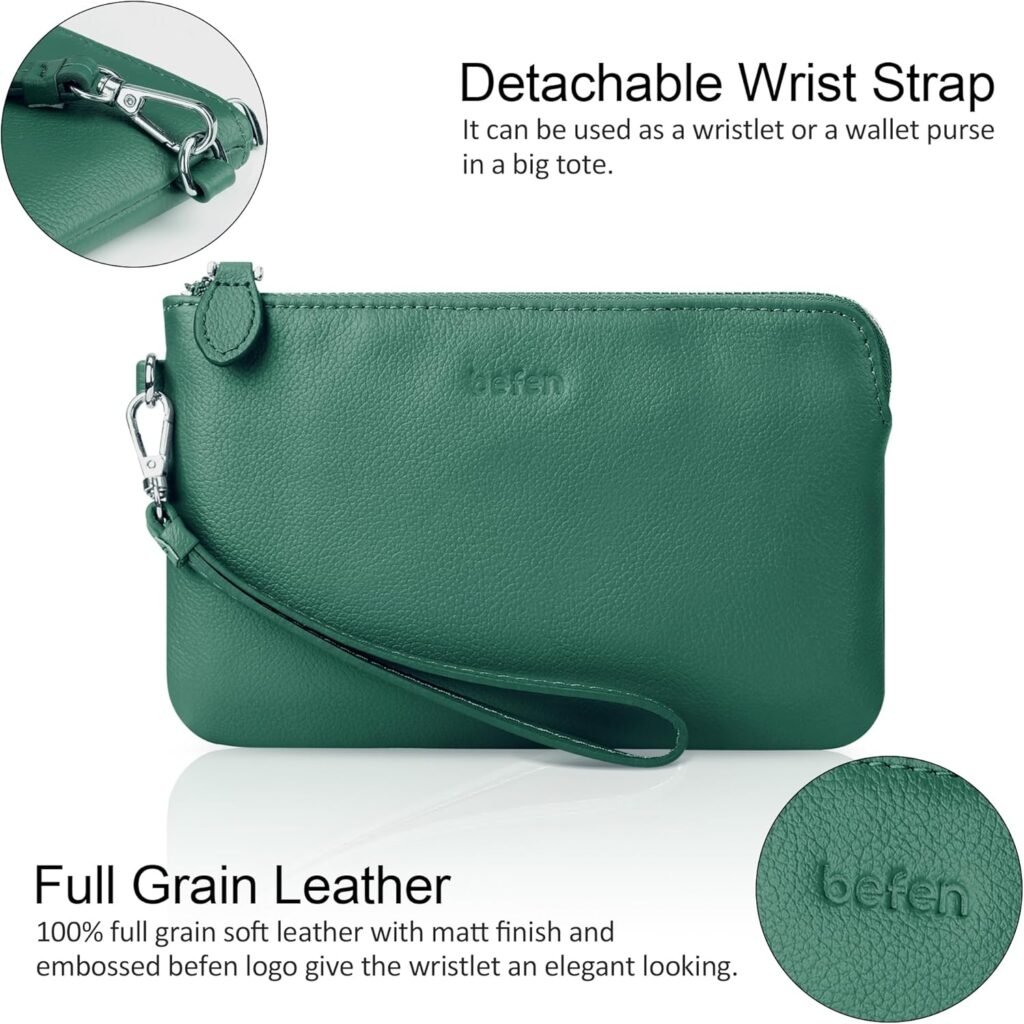 befen Womens Genuine Leather Wristlet Clutch Purse Ladies Slim Corner Zip Wallets, Silver Zipper