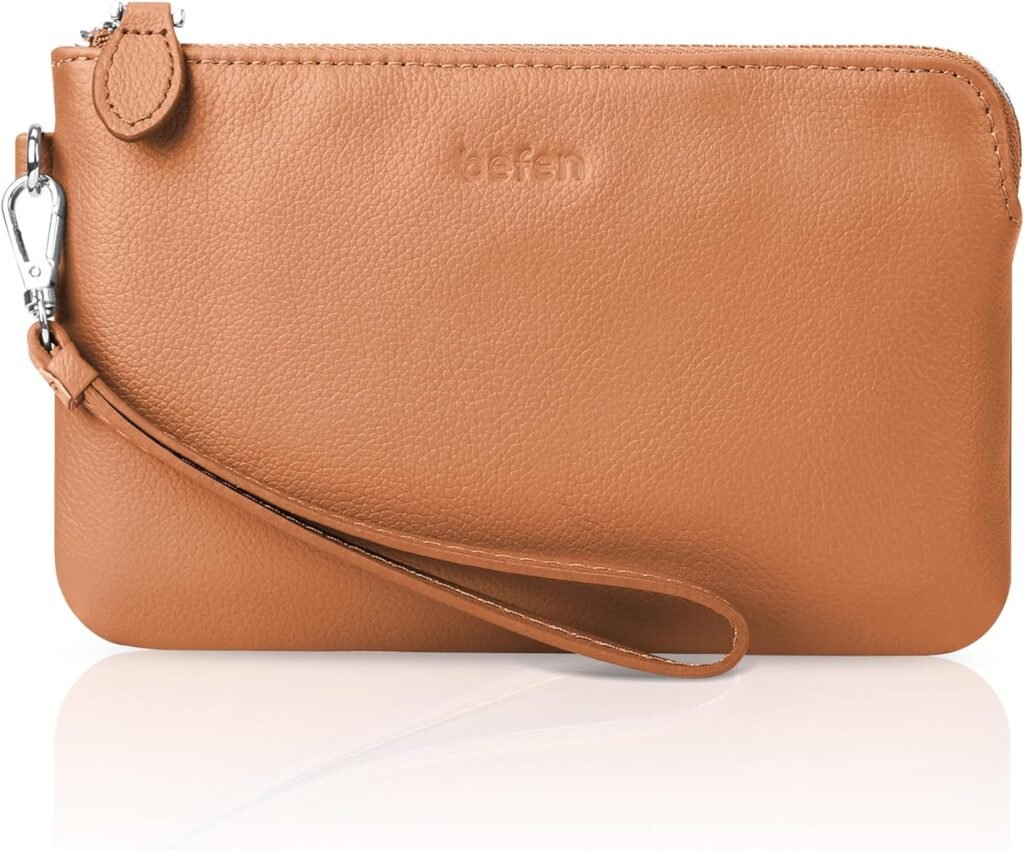 befen Womens Genuine Leather Wristlet Clutch Purse Ladies Slim Corner Zip Wallets, Silver Zipper