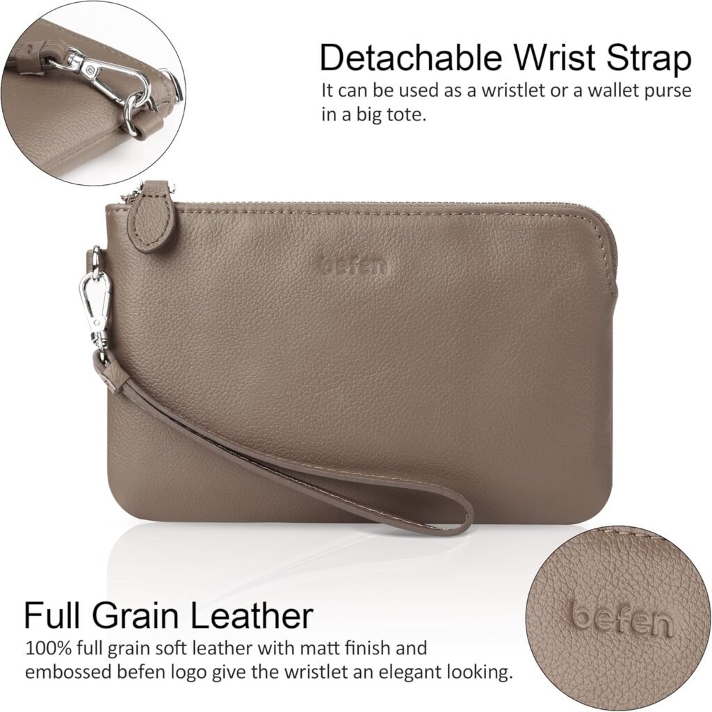 befen Womens Genuine Leather Wristlet Clutch Purse Ladies Slim Corner Zip Wallets, Silver Zipper