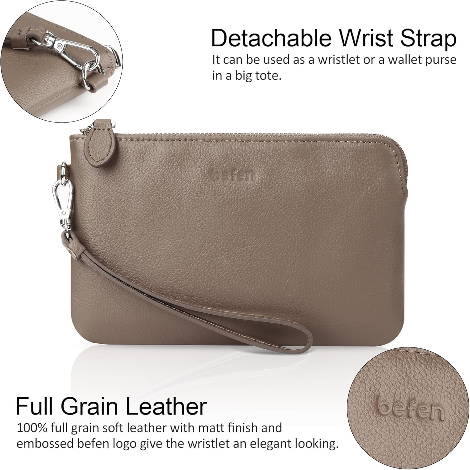 Befen Womens Genuine Leather Wristlet Clutch Purse Ladies Slim Corner Zip Wallets Silver Zipper 2