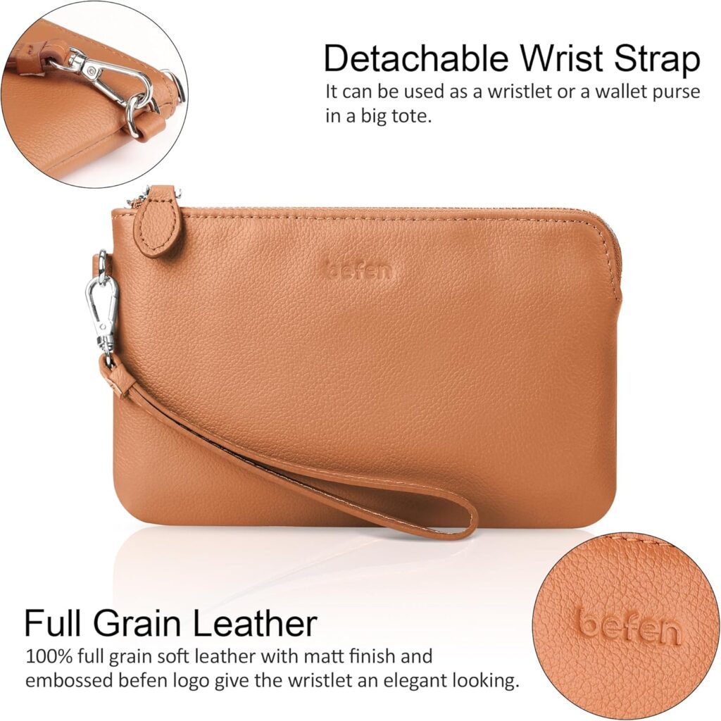 befen Womens Genuine Leather Wristlet Clutch Purse Ladies Slim Corner Zip Wallets, Silver Zipper