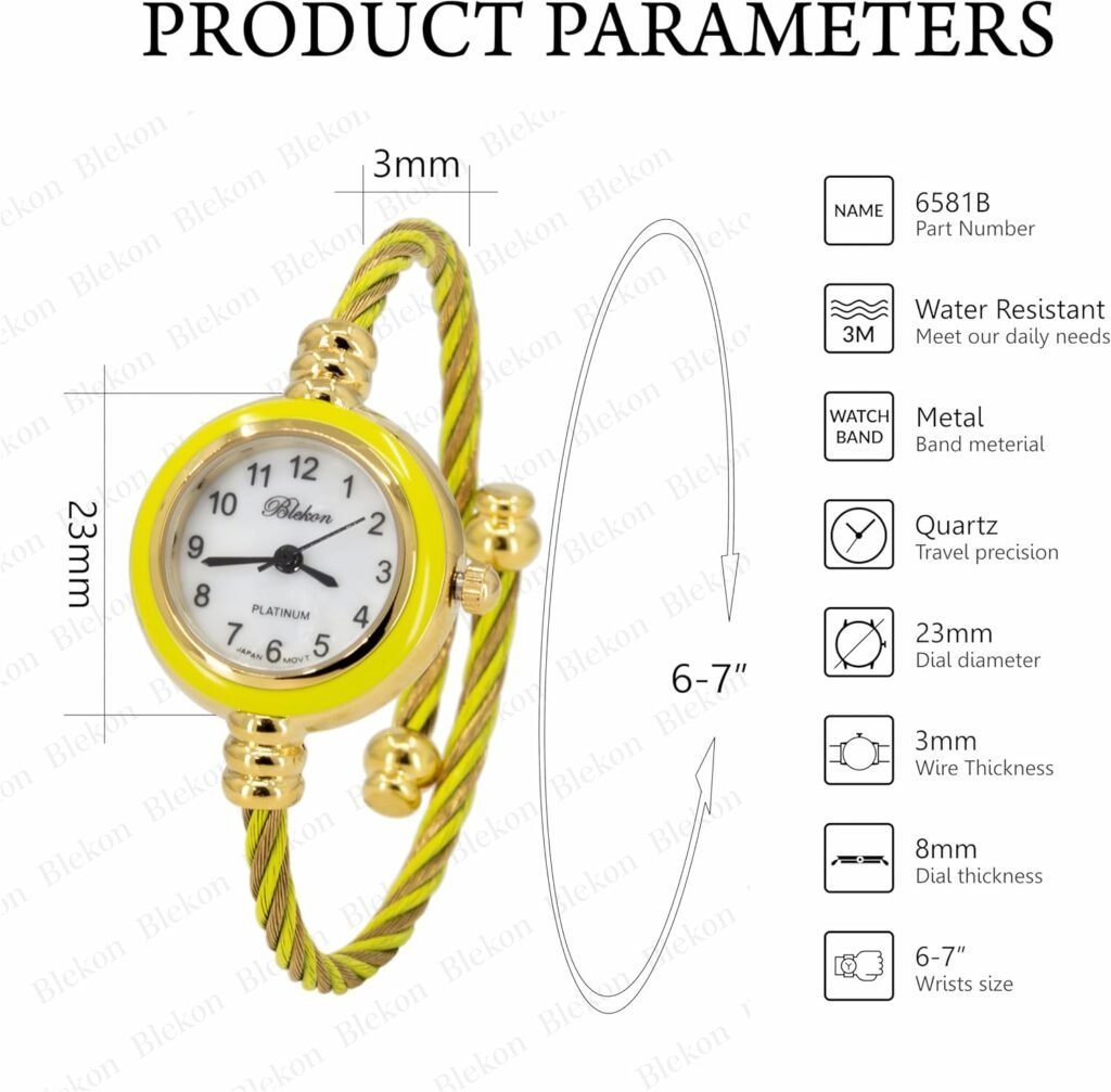 Blekon Collections Womens Cuff Watch - Round Analog Display Arabic Numbers 23mm Case Wire Bracelet Watch for Women Elegant Cable Cuff Bangle Wrist Watch