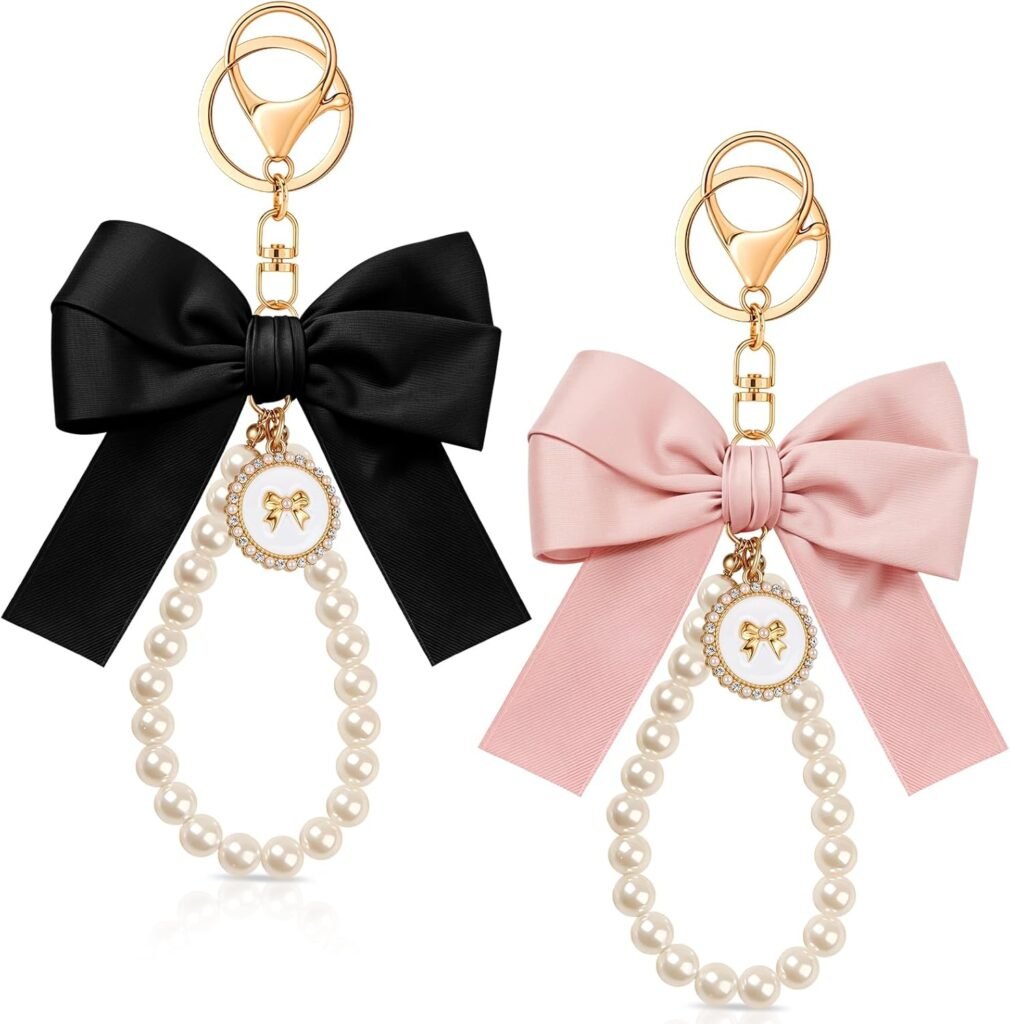 Bow Keychain Pink Bow Charm Pearl Wristlet Keyring Keychain for Women Purse Bag Charm