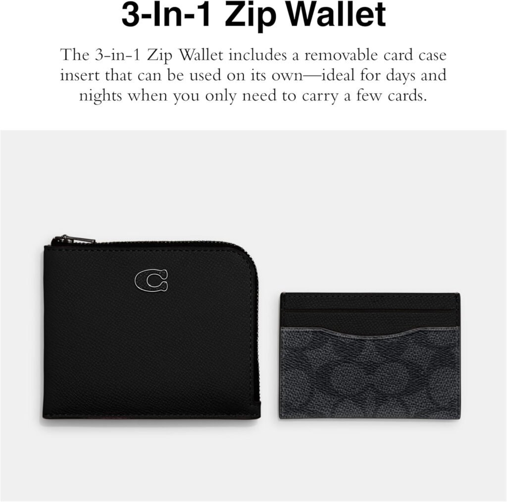 Coach womens 3-in-1 L-zip Wallet in Cross Grain Leather, Black