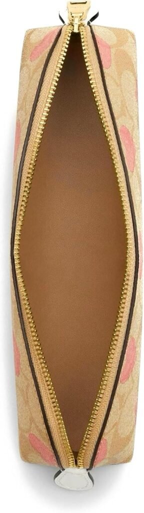 Coach Womens Pencil Case In Signature Canvas Leather (Light Khaki With Pink Heart Print)