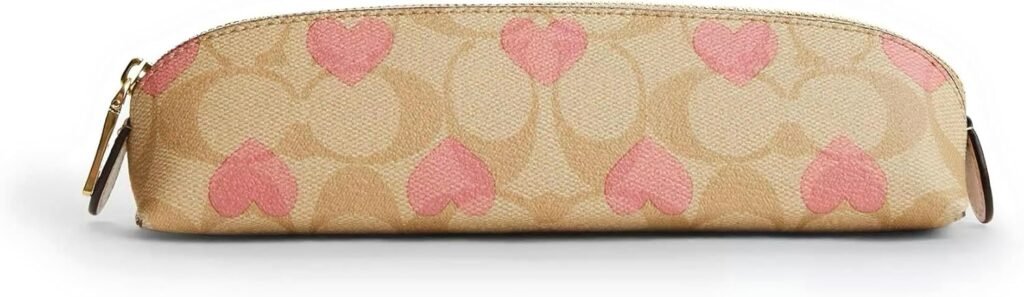 Coach Womens Pencil Case In Signature Canvas Leather (Light Khaki With Pink Heart Print)