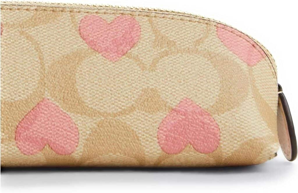Coach Womens Pencil Case In Signature Canvas Leather (Light Khaki With Pink Heart Print)