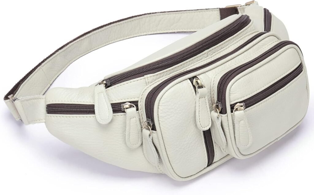 Genuine Leather Large Fanny Pack Waterproof Hip Belt Bag Cowhide Waist Bag Crossbody Sling Backpack White