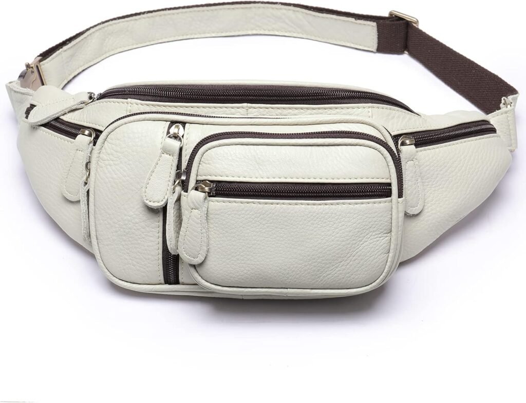 Genuine Leather Large Fanny Pack Waterproof Hip Belt Bag Cowhide Waist Bag Crossbody Sling Backpack White