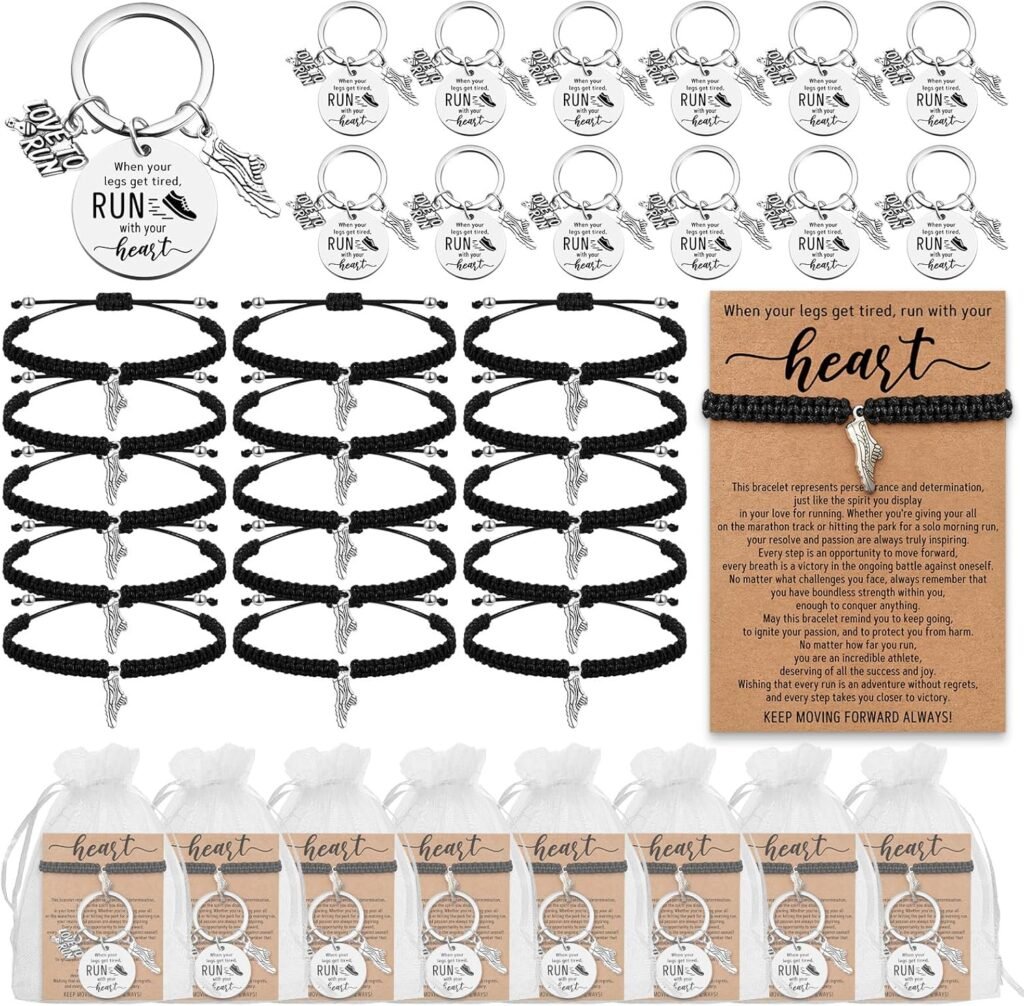 Henoyso 10 Sets Track and Field Gift Bulk Cross Country Running Gifts, 10 Adjustable Running Charm Bracelets 10 Track and Field Keychains with 10 Organza Bags for Women Men
