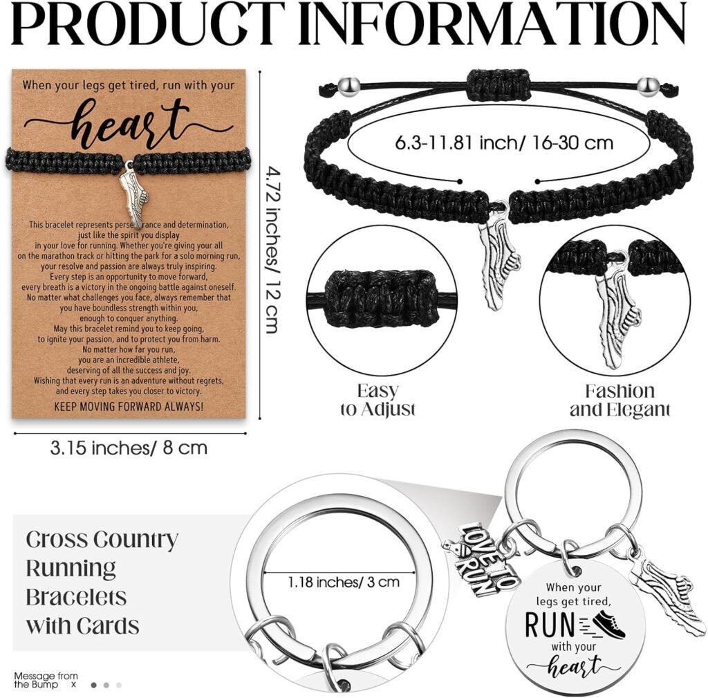 Henoyso 10 Sets Track and Field Gift Bulk Cross Country Running Gifts, 10 Adjustable Running Charm Bracelets 10 Track and Field Keychains with 10 Organza Bags for Women Men