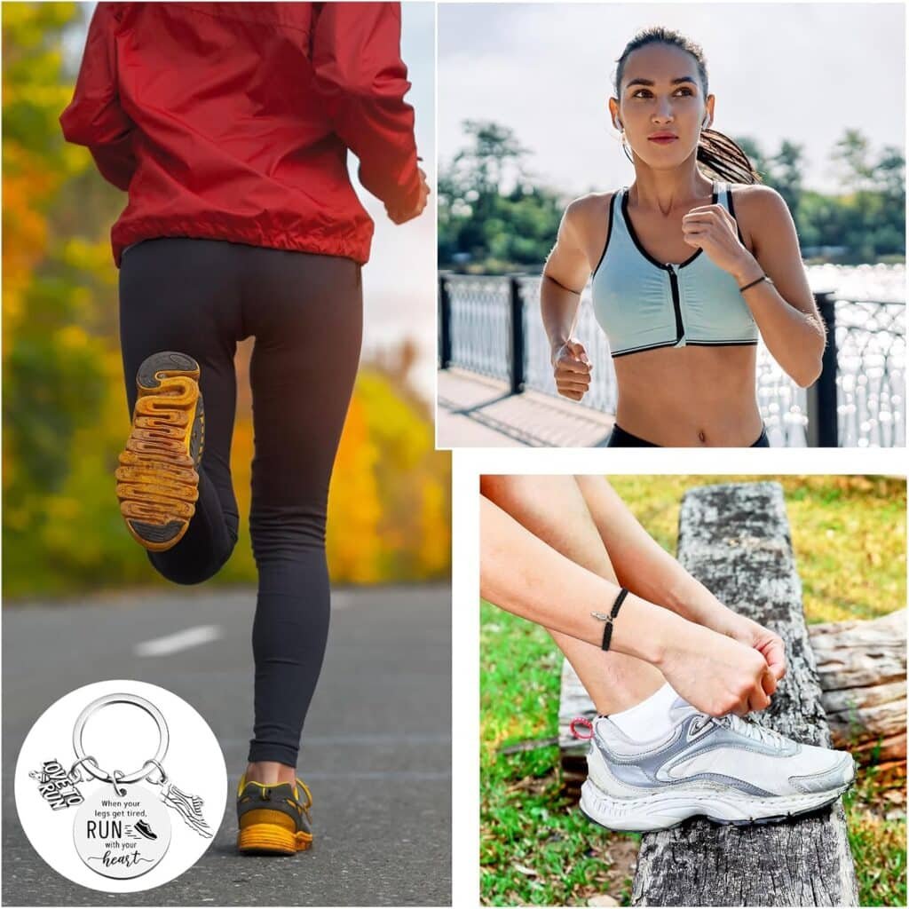 Henoyso 10 Sets Track and Field Gift Bulk Cross Country Running Gifts, 10 Adjustable Running Charm Bracelets 10 Track and Field Keychains with 10 Organza Bags for Women Men