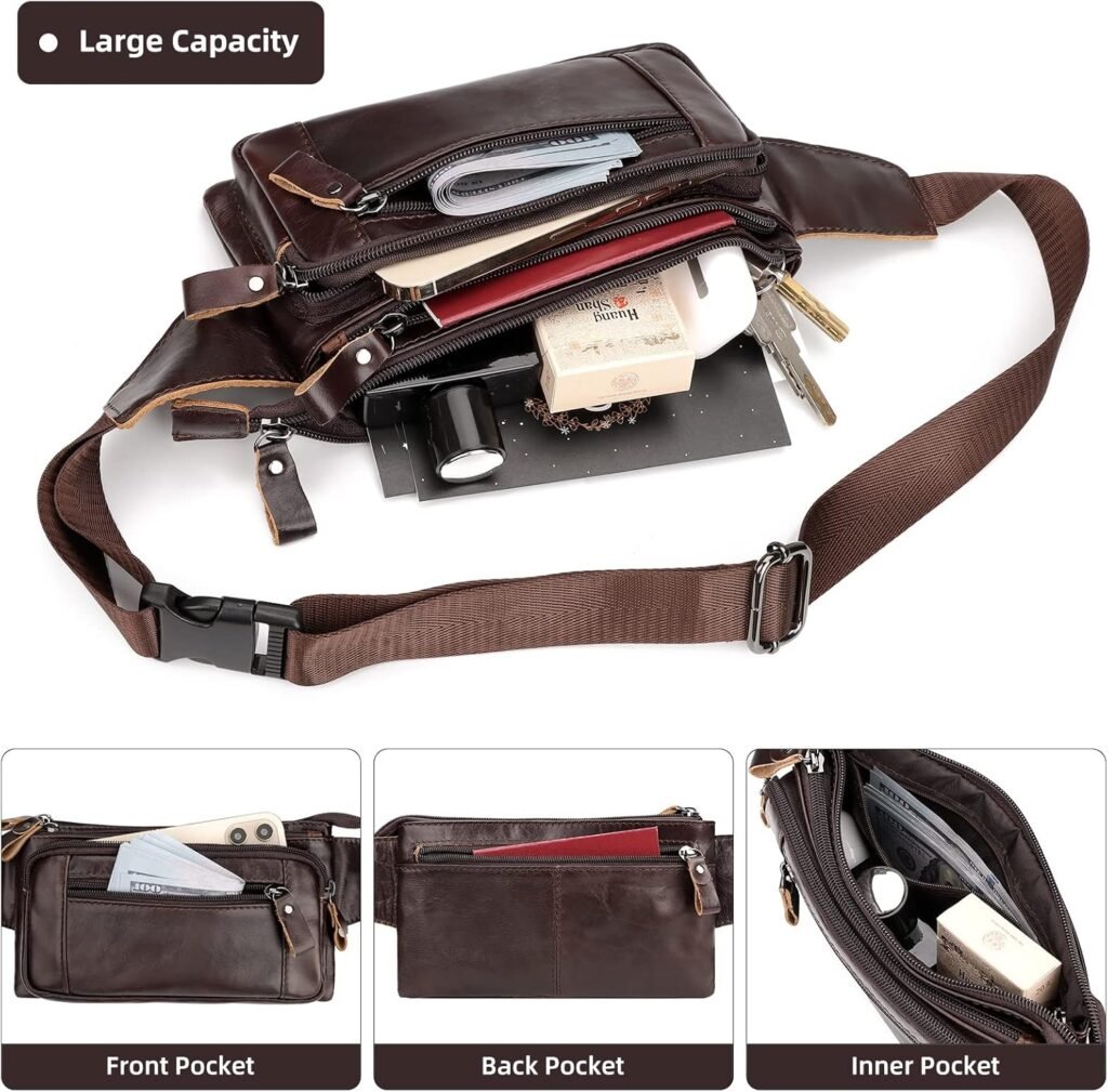 HUMERPAUL Leather Fanny Pack for Men Women, Fashion Waist Packs Small Crossbody Chest Bag with Adjustable Belt for Outdoor Travel Hiking Cycling