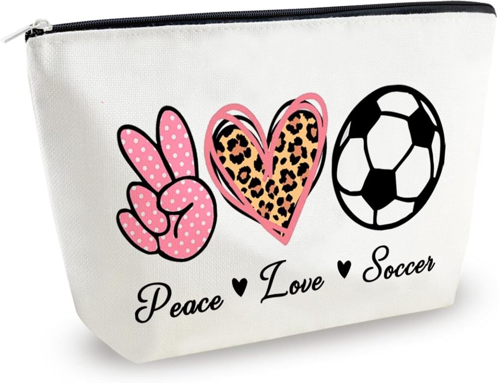 Soccer Mom Essentials Soccer Gifts for Women Soccer Party Favors Cosmetic Bag Soccer Coach Gifts Football Soccer Lovers Soccer Theme Makeup Bag Soccer Bag Peace Love Soccer Bag Soccer Accessories