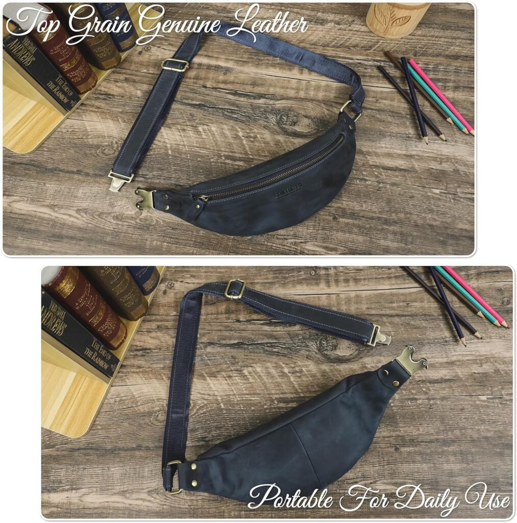 Top Grain Genuine Leather Slim Fanny Pack for Man  Woman, Minimalist Vintage Design, Handmade with Detachable Hardware, Slim Waist Bag Small Crossbody Belt Bag for Traveling or Riding, Blue