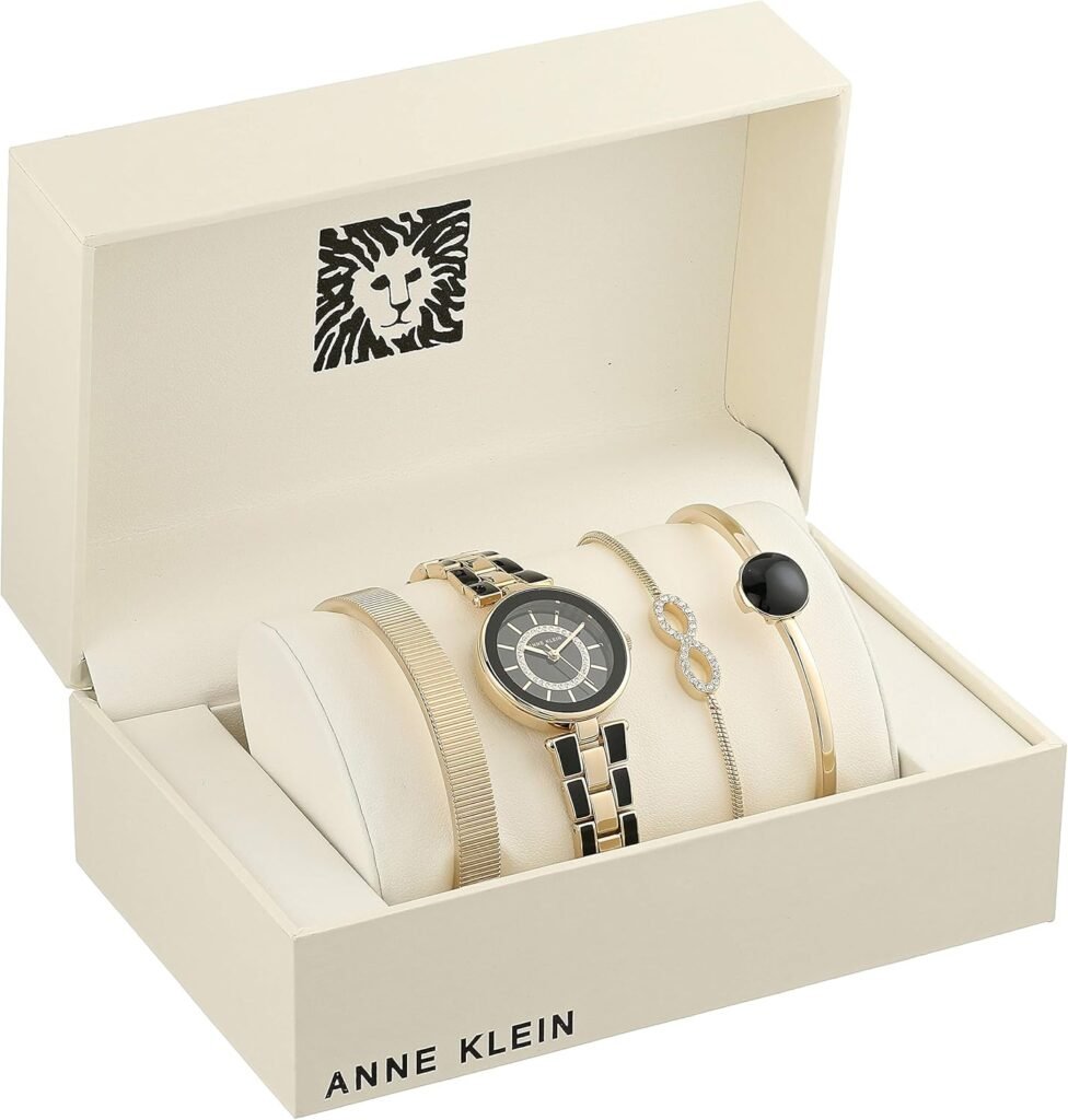 Anne Klein Womens AK/3286BKST Premium Crystal Accented Gold-Tone and Black Watch and Bracelet Set