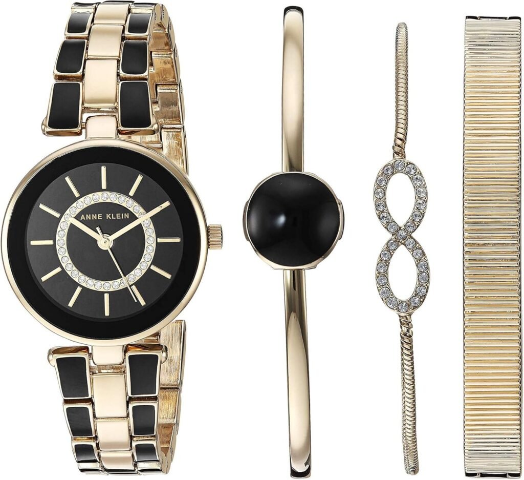 Anne Klein Womens AK/3286BKST Premium Crystal Accented Gold-Tone and Black Watch and Bracelet Set