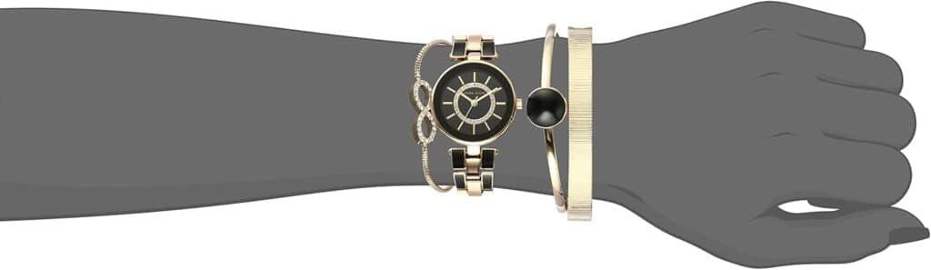 Anne Klein Womens AK/3286BKST Premium Crystal Accented Gold-Tone and Black Watch and Bracelet Set