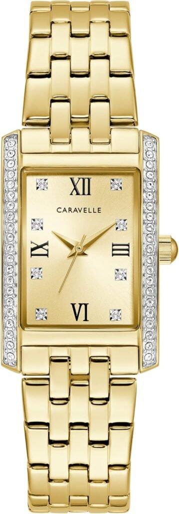 Caravelle by Bulova Ladies Classic Crystal 3-Hand Quartz Watch, Roman Numeral Markers, Rectangle Case, Curved Mineral Crystal