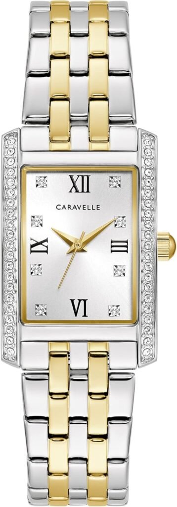 Caravelle by Bulova Ladies Classic Crystal 3-Hand Quartz Watch, Roman Numeral Markers, Rectangle Case, Curved Mineral Crystal