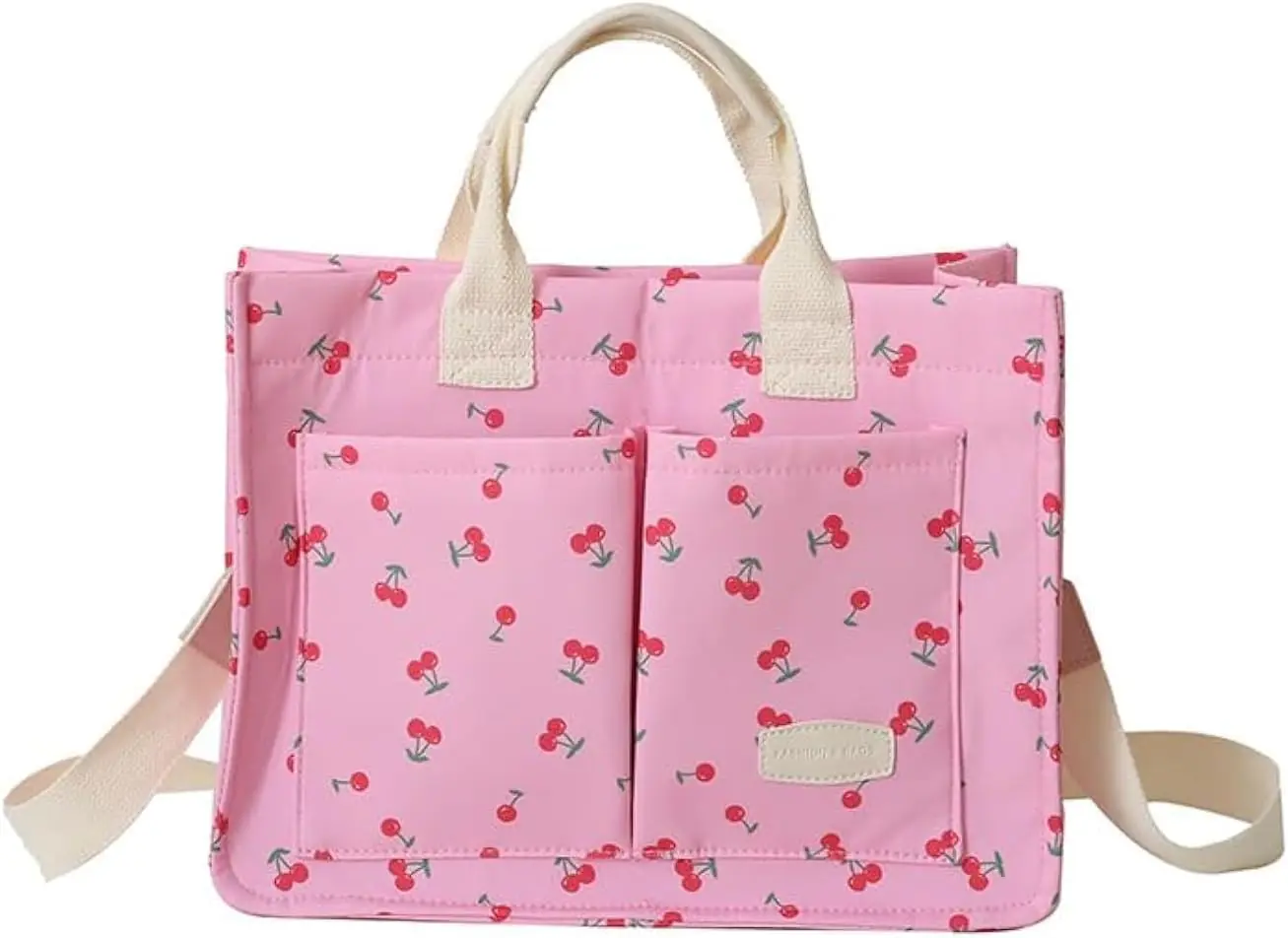 Cherry Tote Bag For Women Canvas Patched Purse Cute Shoulder Bag Multi Pocket Satchel Handbag For Work Travel