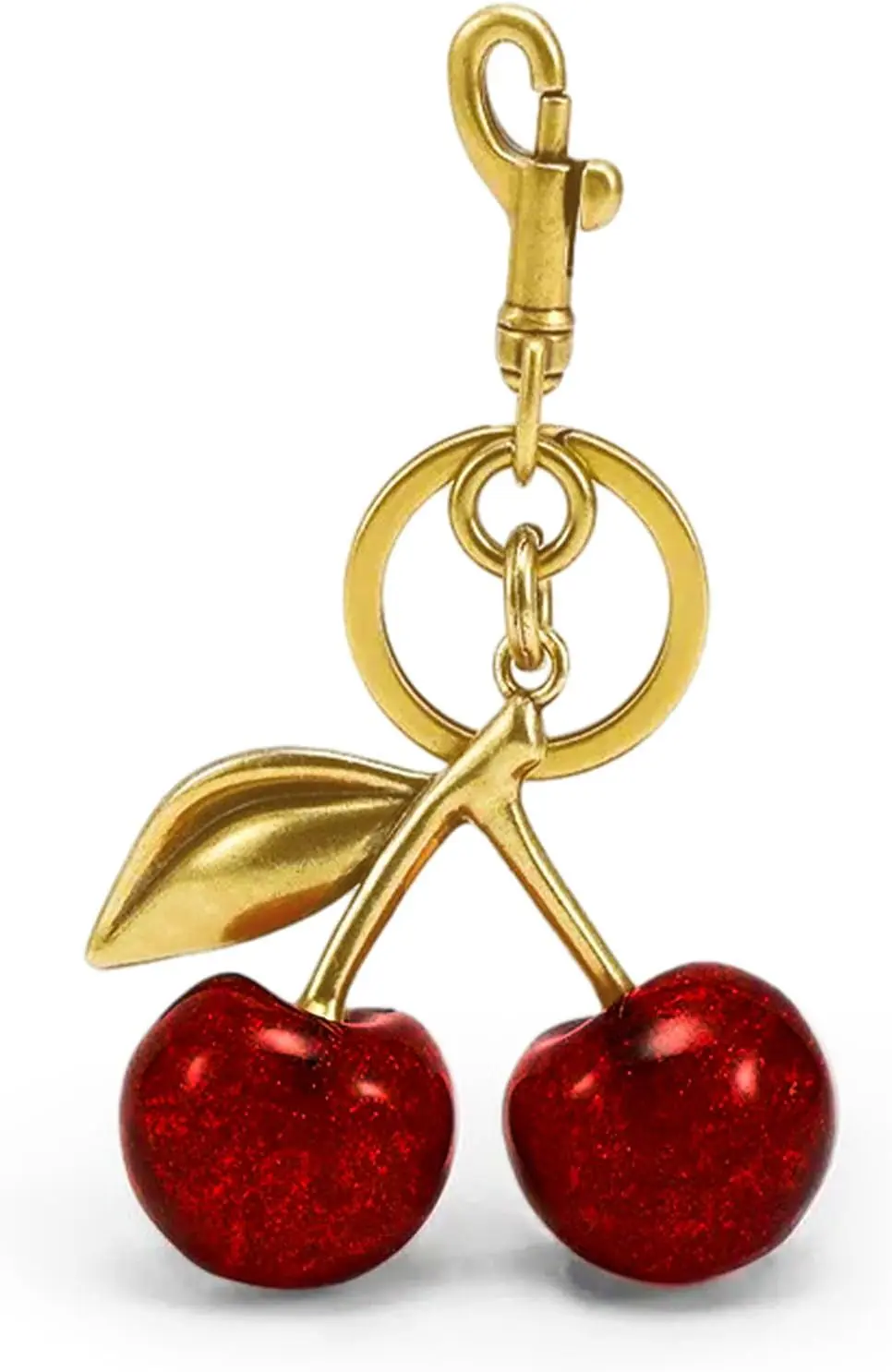 Glitter Cherry Bag Charm With Key Ring And Clip Sparkling Resin Metal Accessory For Purses And Bags