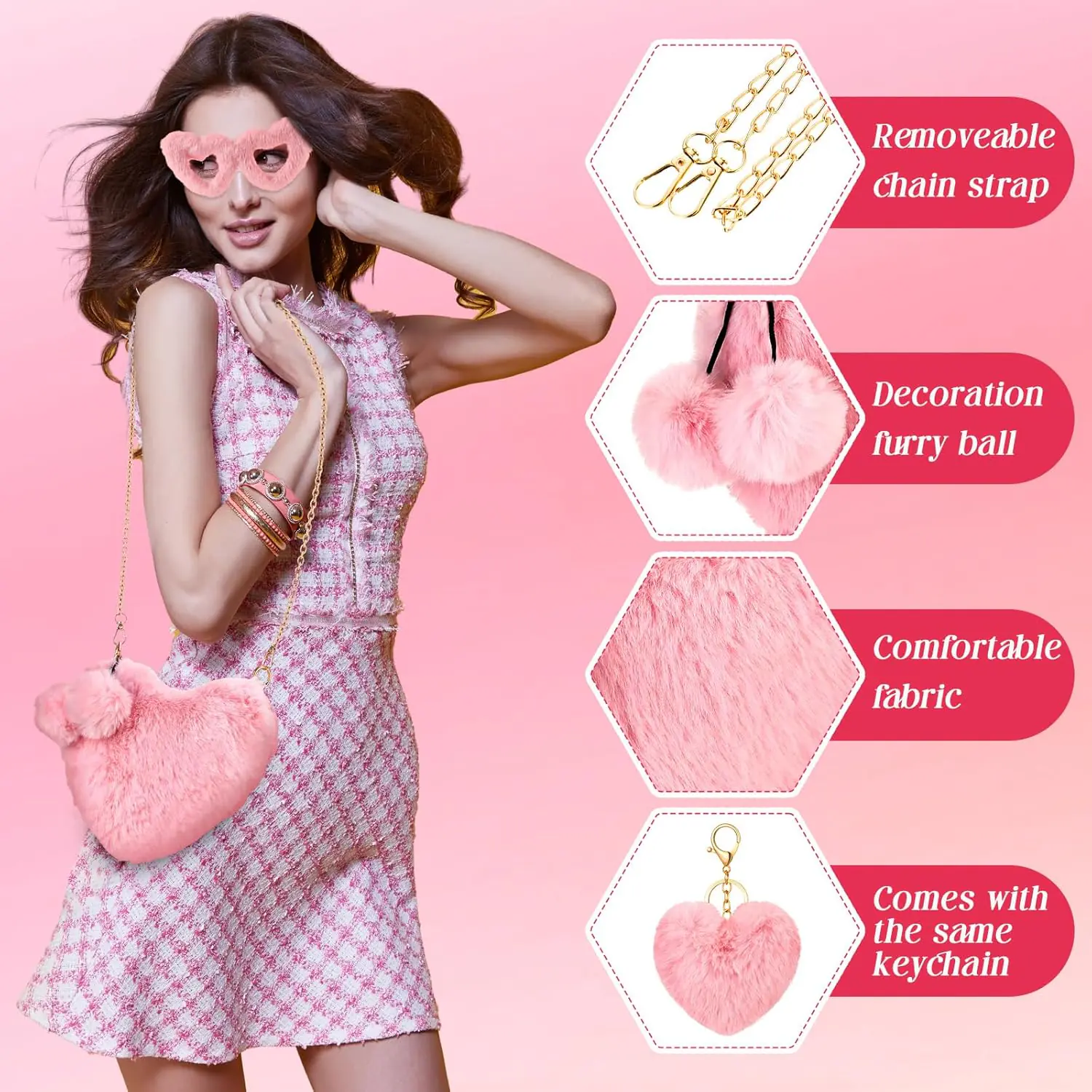 Abbylike 3 Pcs Furry Heart Shaped Gifts Fluffy Faux Fur Crossbody Chain Shoulder Bag For Women Valentine Gift 2