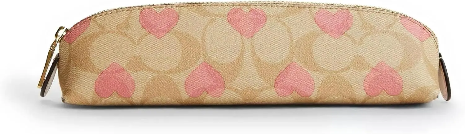 Coach Womens Pencil Case In Signature Canvas Leather Light Khaki With Pink Heart Print