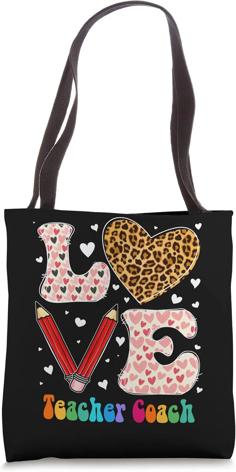 Love Heart Teacher Coach Leopard Plaid Red Valentines Day Tote Bag
