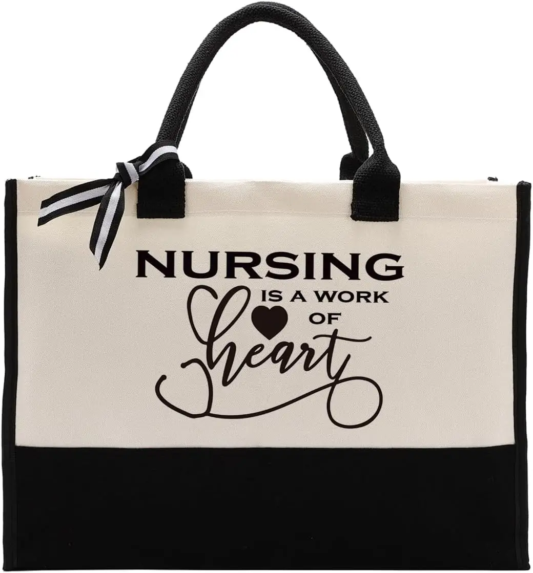 Nurse Canvas Tote Bag Gift Nurse Bag With Saying Nursing Is A Work Of Heart Canvas Tote Bag For Gifting Cotton Canvas Ba