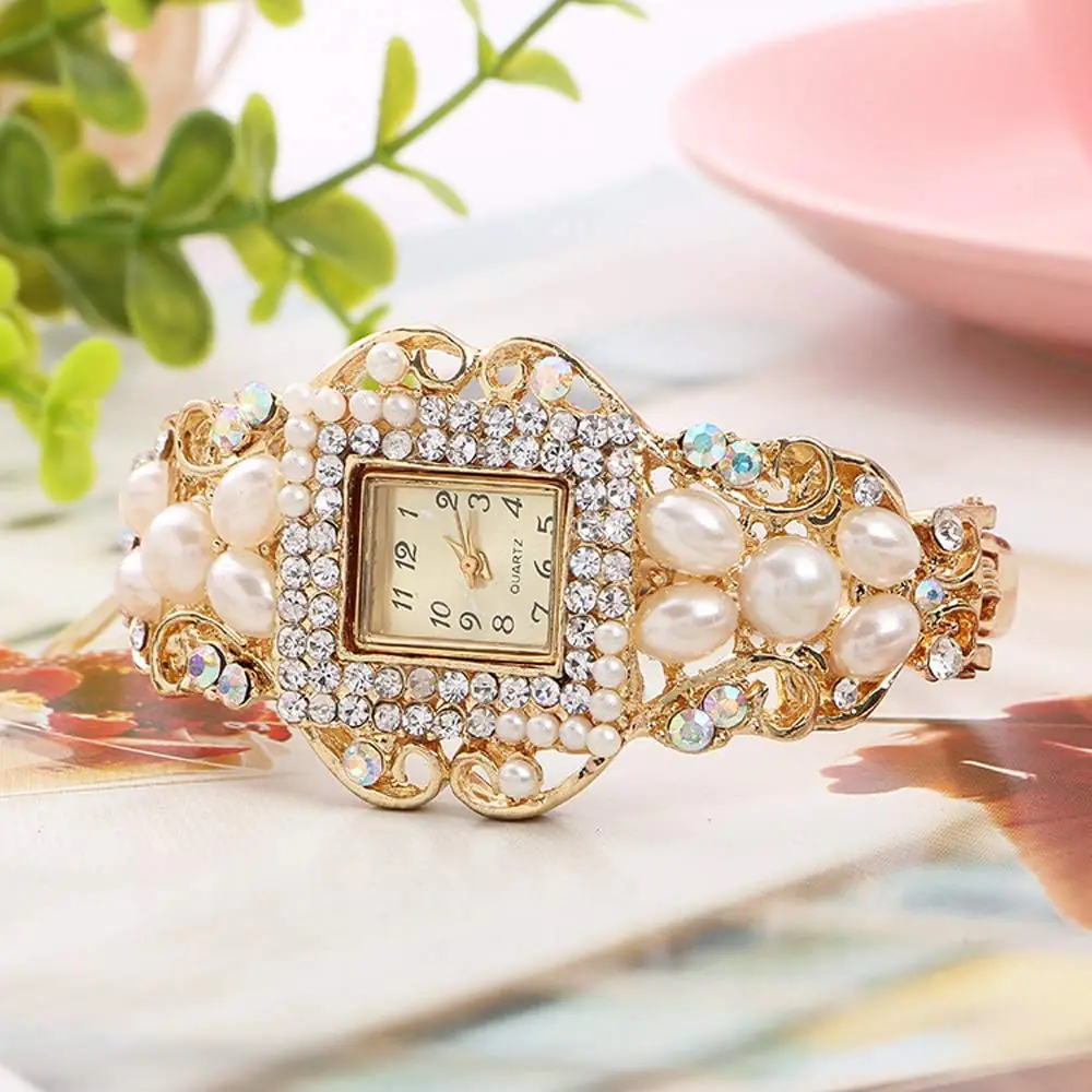 Weicam Mujer Pulsera Esfera Cuadrada Cuarzo Brazalete Reloj de Pulsera Señora Perla Perla Joyería Relojes Color Oro 2
