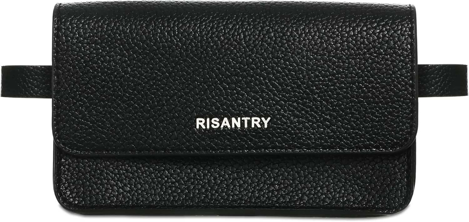 Womens Trendy Fanny Packs Black Leather Crossbody Bag Fashion Waist Pack Functional Belt Bag Adjustable Leather Strap