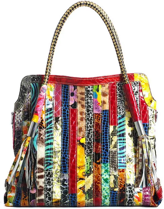 Womens Multicolor Big Boston Bag Genuine Leather Random Colorful Patchwork Large Tote Handbag Hobo Crossbody Purses
